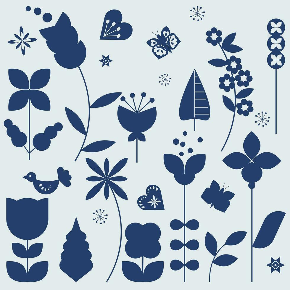 Modern art in Scandinavian style.Set of abstract hand drawn plants. Design elements and doodles for backgrounds and labels Collection of isolated objects vector