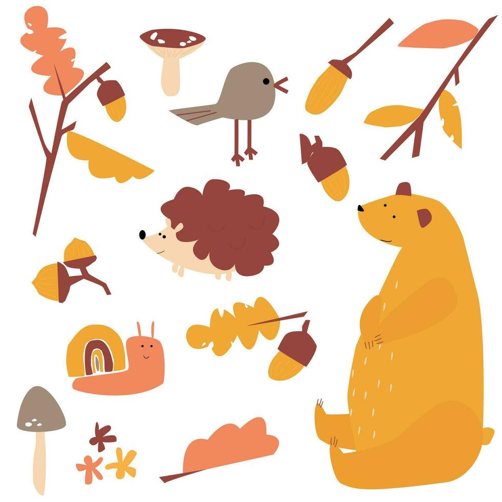 Woodland Animals.Illustrations of forest animals and natural elements vector