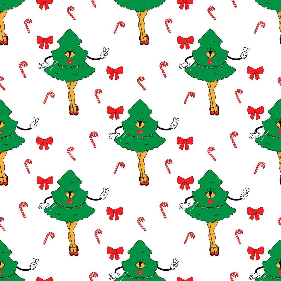 Christmas tree. In psychedelic groovy style. Seamless pattern vector