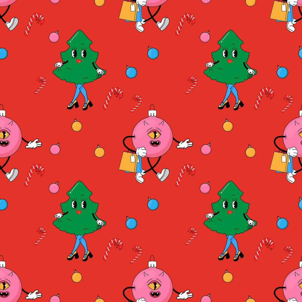 Seamless pattern, psychedelic Christmas, new year. Christmas tree and ball. vector