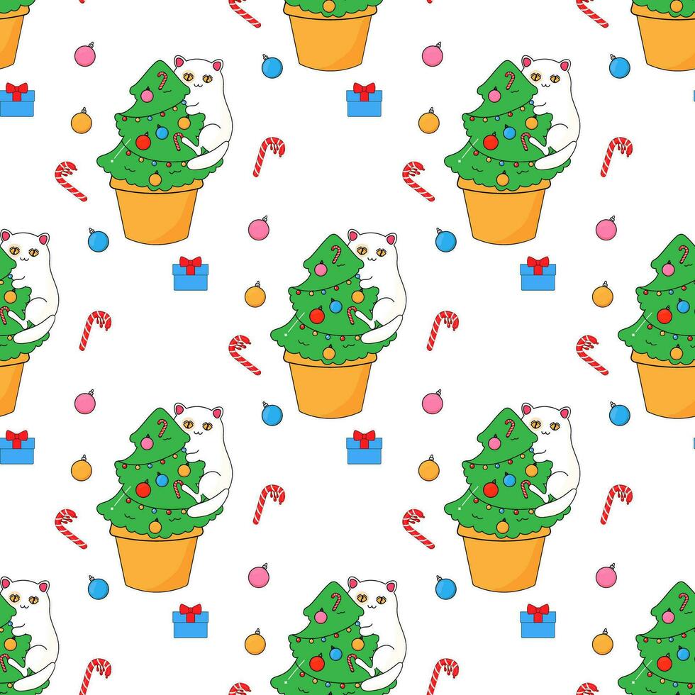 gato y Navidad árbol, eco cactus nuevo año. vector