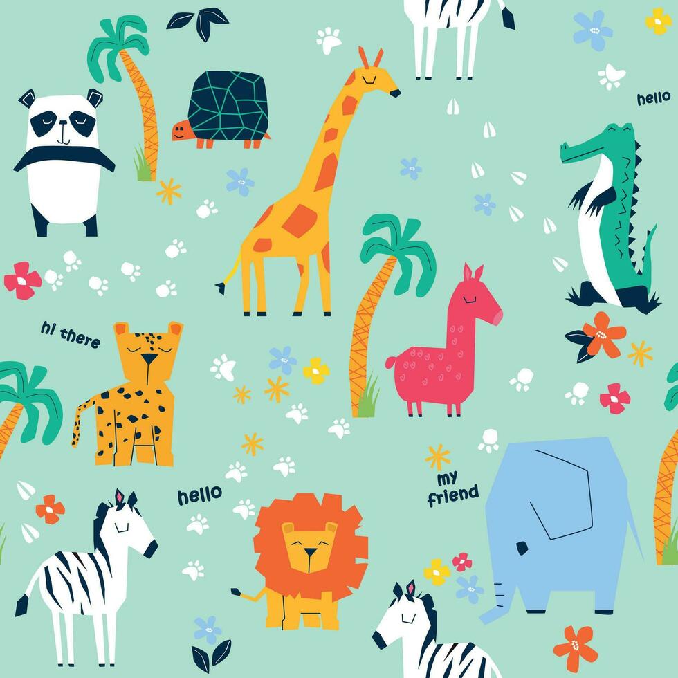 Seamless pattern with cute jungle animals.Group of animals vector