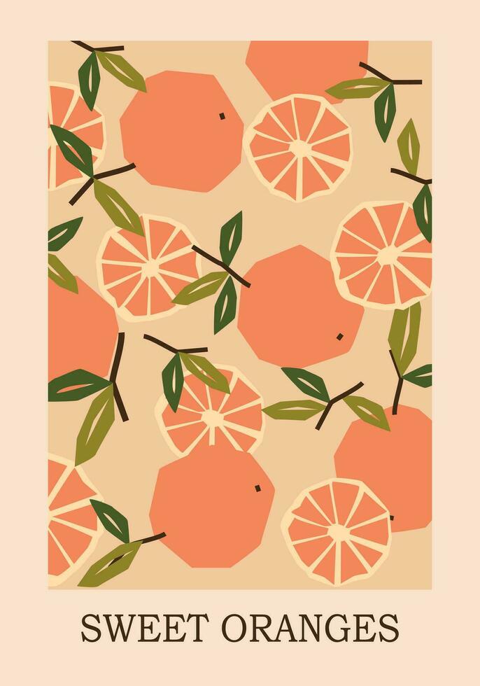 Illustration of oranges and leaves on a branch against a light beige background, with dark text at the bottom vector
