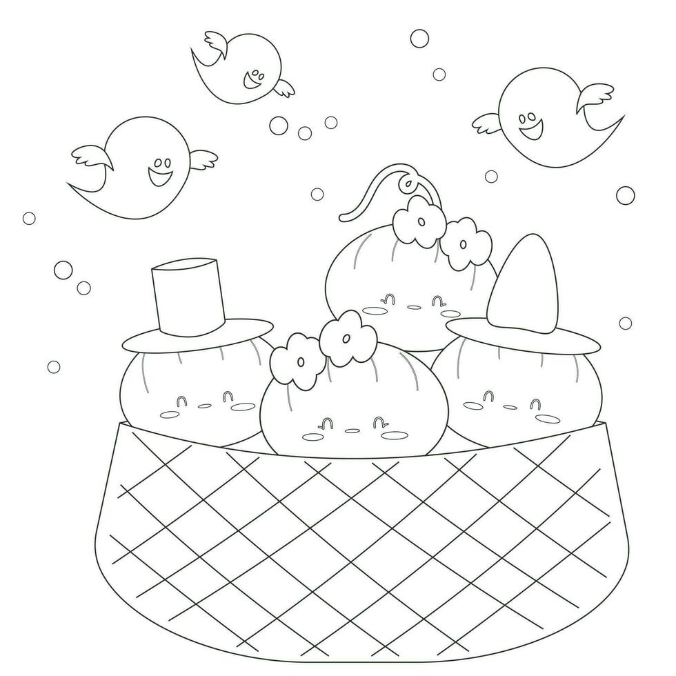 Halloween coloring book with cute little pumpkins and ghosts vector