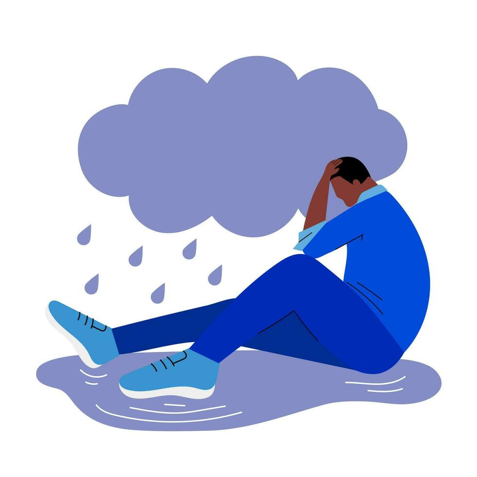 Man in depression. Unhappy crying man. African American sad sitting man. Cloud, rain and human vector