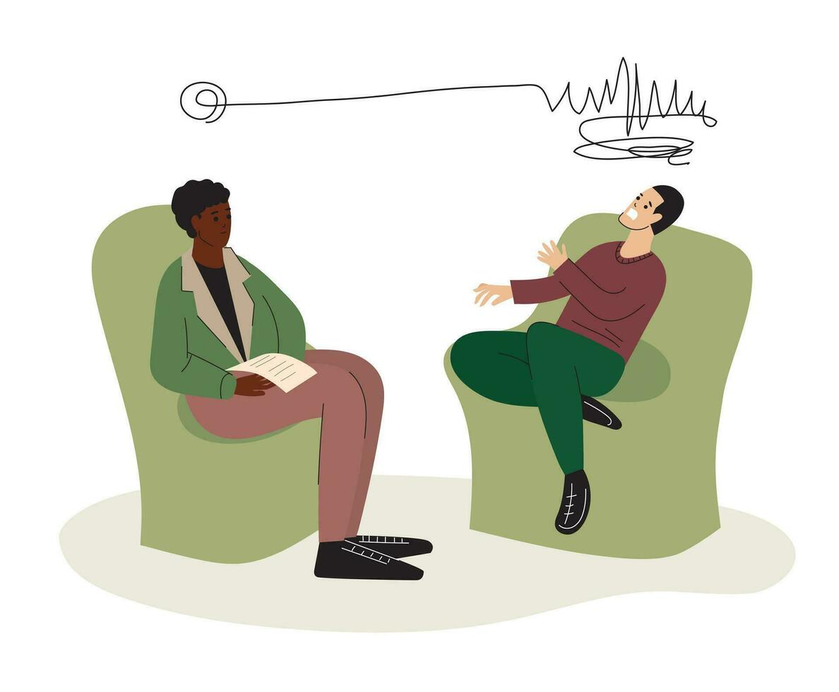 Psychotherapy consultation. Friendly African American psychologist having session with male customer. Man emotionally talking about his problem with a psychologist. Psychological therapy vector