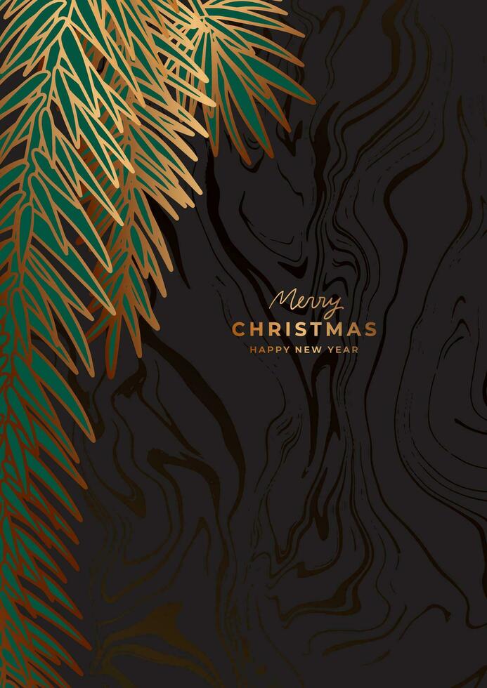 Luxury golden Christmas poster template. Gold christmas tree, pine branches. Fancy New Year black background with marble texture vector