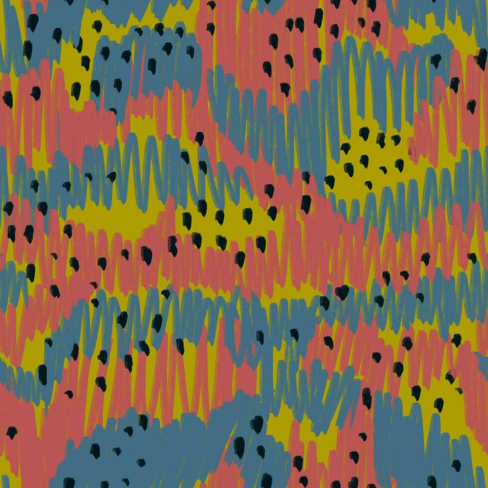 Abstract seamless pattern with pencil scribbles. Pink and blue, green line art and black dots. Hand drawn vertical scrawl texture vector