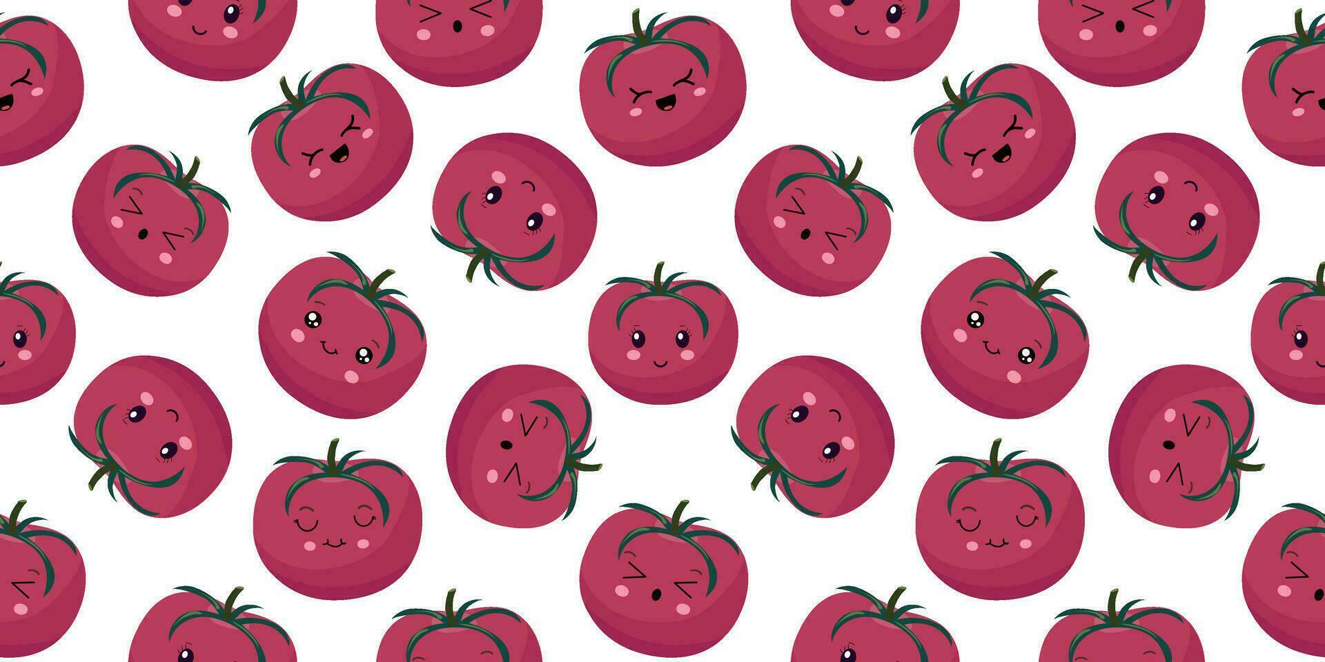 Seamless pattern with Cute tomato fruits in kawaii stele. Funny vegetable in cartoon style. For packaging and web design. Vector