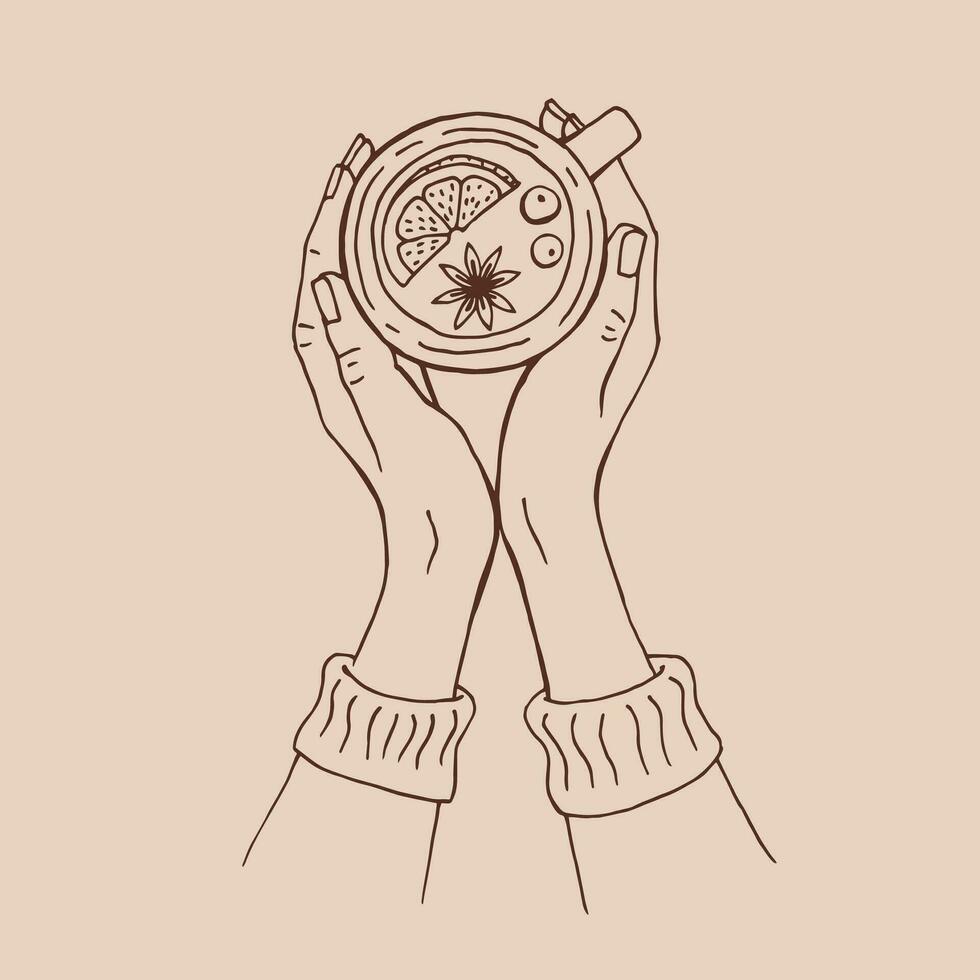 dibujo realista de hermosas manos sosteniendo una taza con un vino caliente caliente. ilustración vectorial aislada. vector