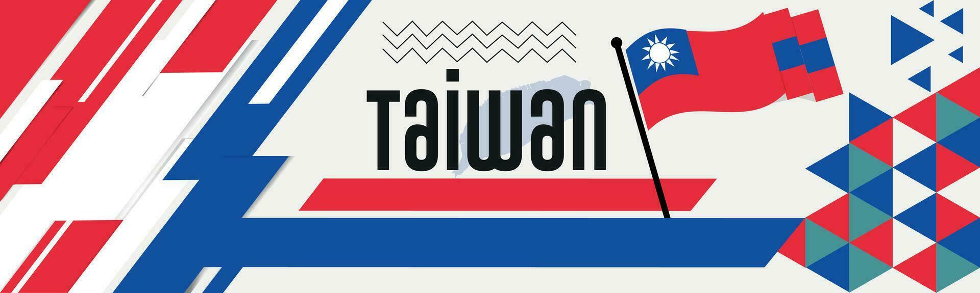 Taiwan national day banner with map, flag colors theme background and geometric abstract retro modern Red blue  design. abstract modern design. vector