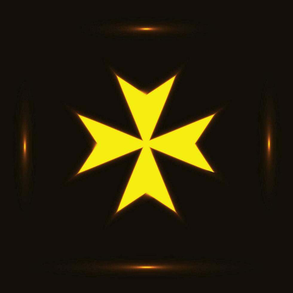 Golden Maltese cross symbol in the box over black background. Hospitaller knights glowing Maltese cross icon vector illustration