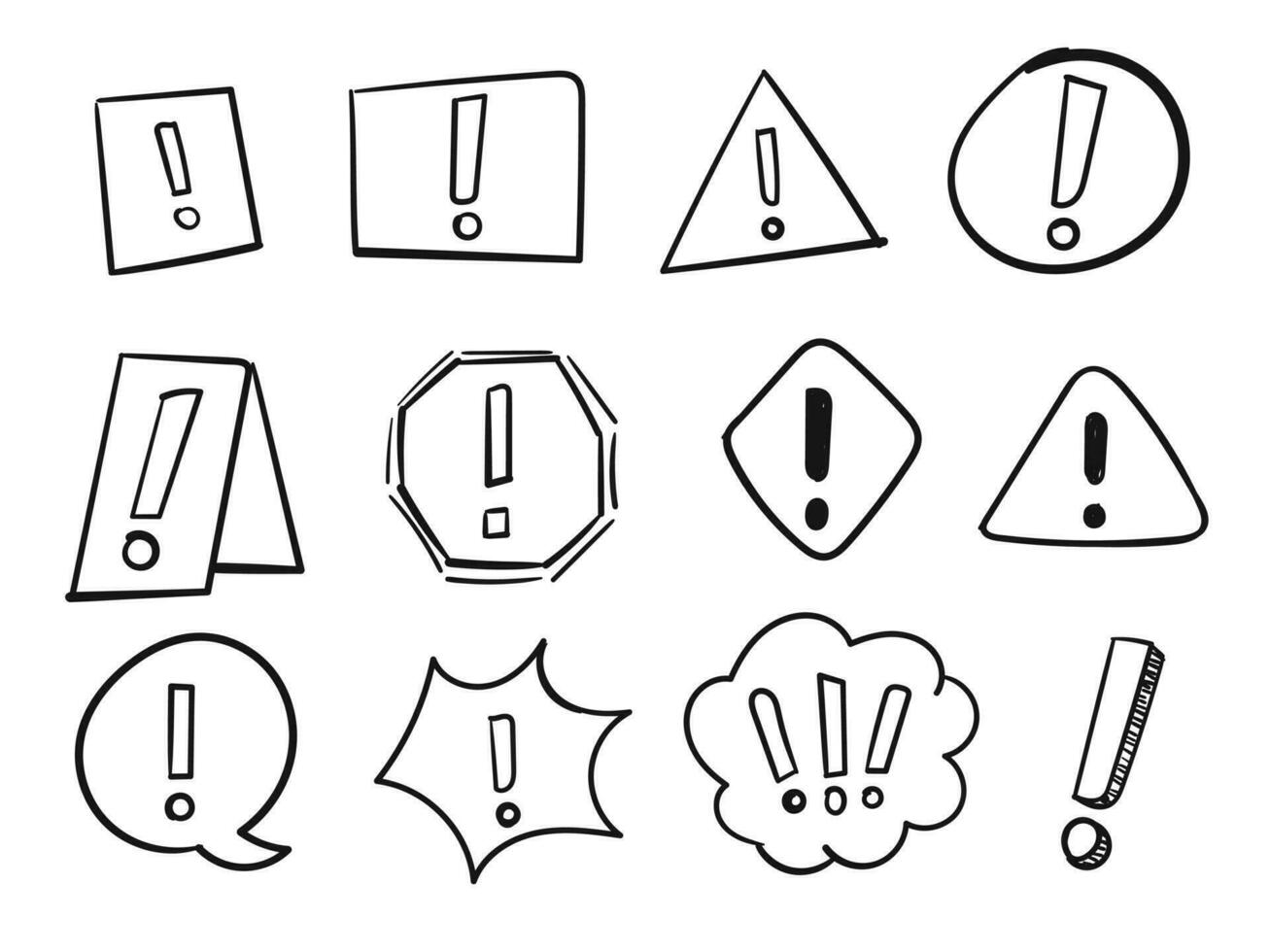 Hand drawn exclamation mark, alert sign set. doodle exclamation point, warning, hazard vector