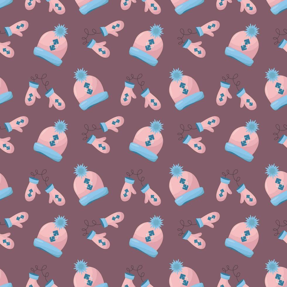 Seamless winter pattern with a hat and mittens on a dark background.Use for paper, banner, cards, poster, fabric Vector illustration.