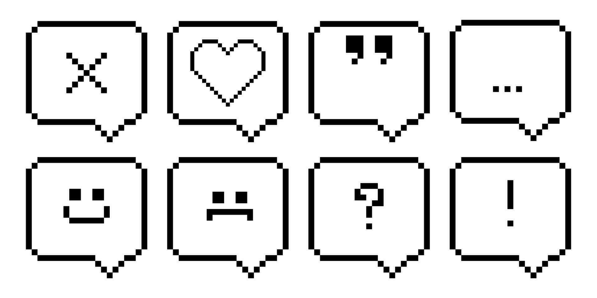 Comic game speech cloud vector pixel art. Balloon talk message with sad and happy smile, dot, quote and exclamation mark. Retro chat bubble icon frame isolated thought template illustration.