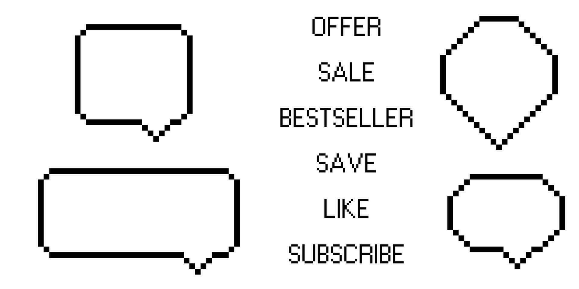 Pixel art speech bubble game icon with like and bestseller text. Message offer with social media data isolated illustration set. Online shopping label for bonus and communication clipart template. vector