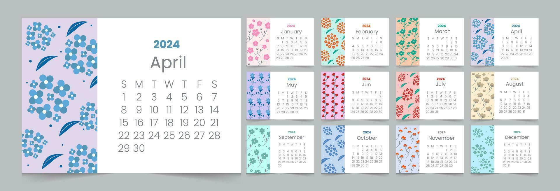 Set of Japanese Flower Monthly Calendar 2024 12 Month vector