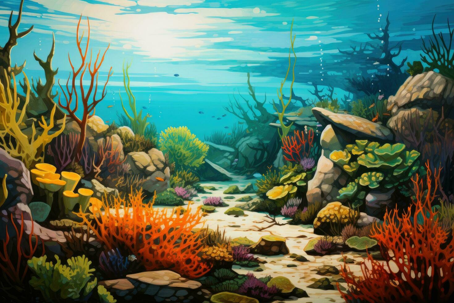 Underwater world with corals and fishes. 3d illustration, Discover an information hub with a bustling notice board, exchanging and displaying important notes and announcements, AI Generated photo