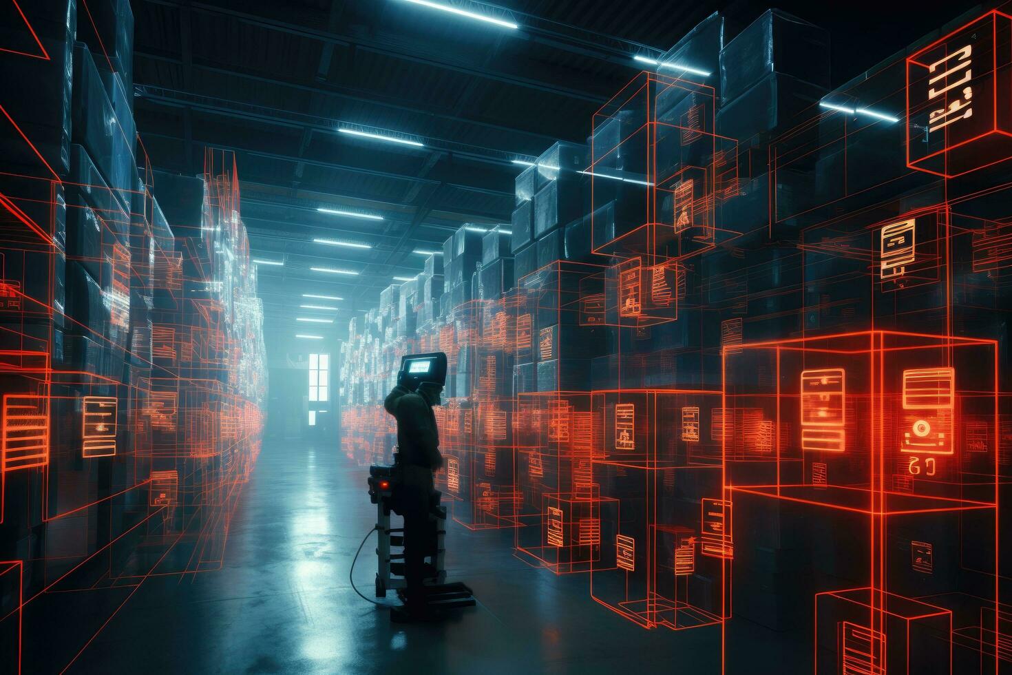 3d rendering of warehouse with buildings and a forklift in the background, digital warehouse with electronic grids connected photo