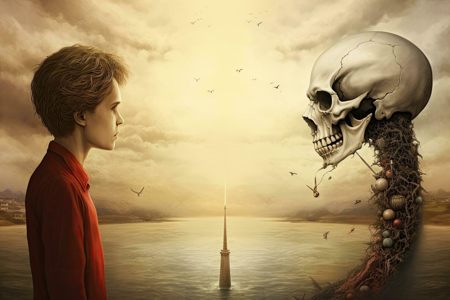 A boy in a red shirt looking at a skull in the sea, difference between life and death, AI Generated photo