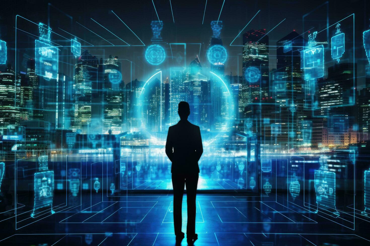 Silhouette of a businessman standing in front of a futuristic city with binary code and hologram, Cyber security data protection business technology privacy concept on virtual screen, AI Generated photo