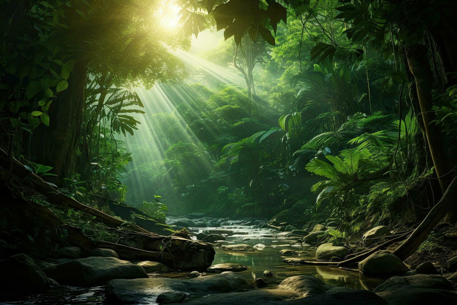 Beautiful tropical rainforest with river and sunbeams in the morning, Dense jungle landscape with dark green trees and sunbeams flashing through the trees, AI Generated photo