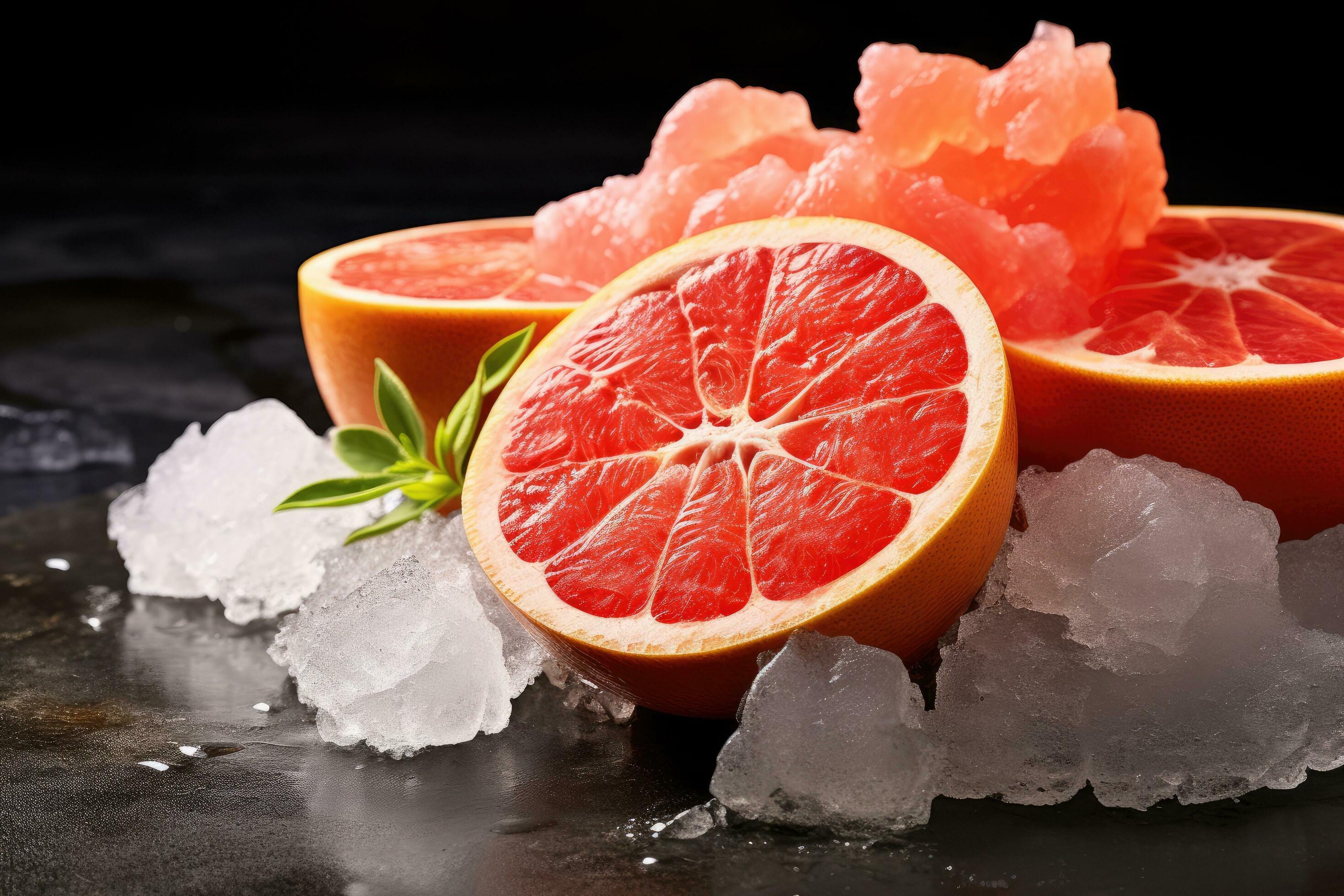 Grapefruit and ice cubes on a black background. Close up, Delicious
