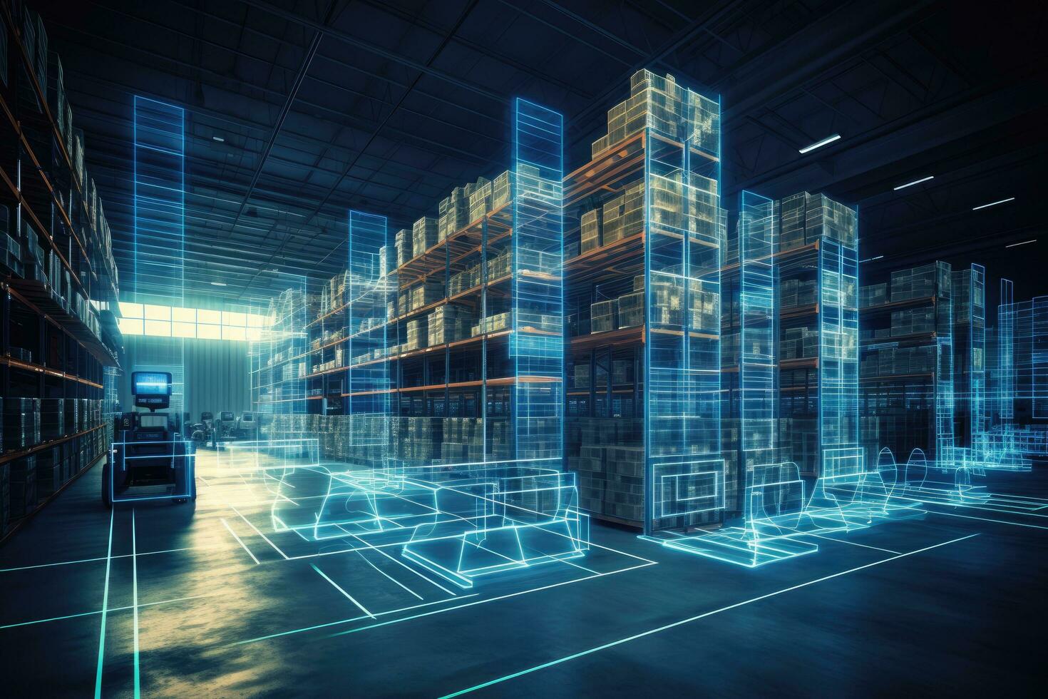 3d rendering of warehouse with buildings and a forklift in the background, digital warehouse with electronic grids connected photo