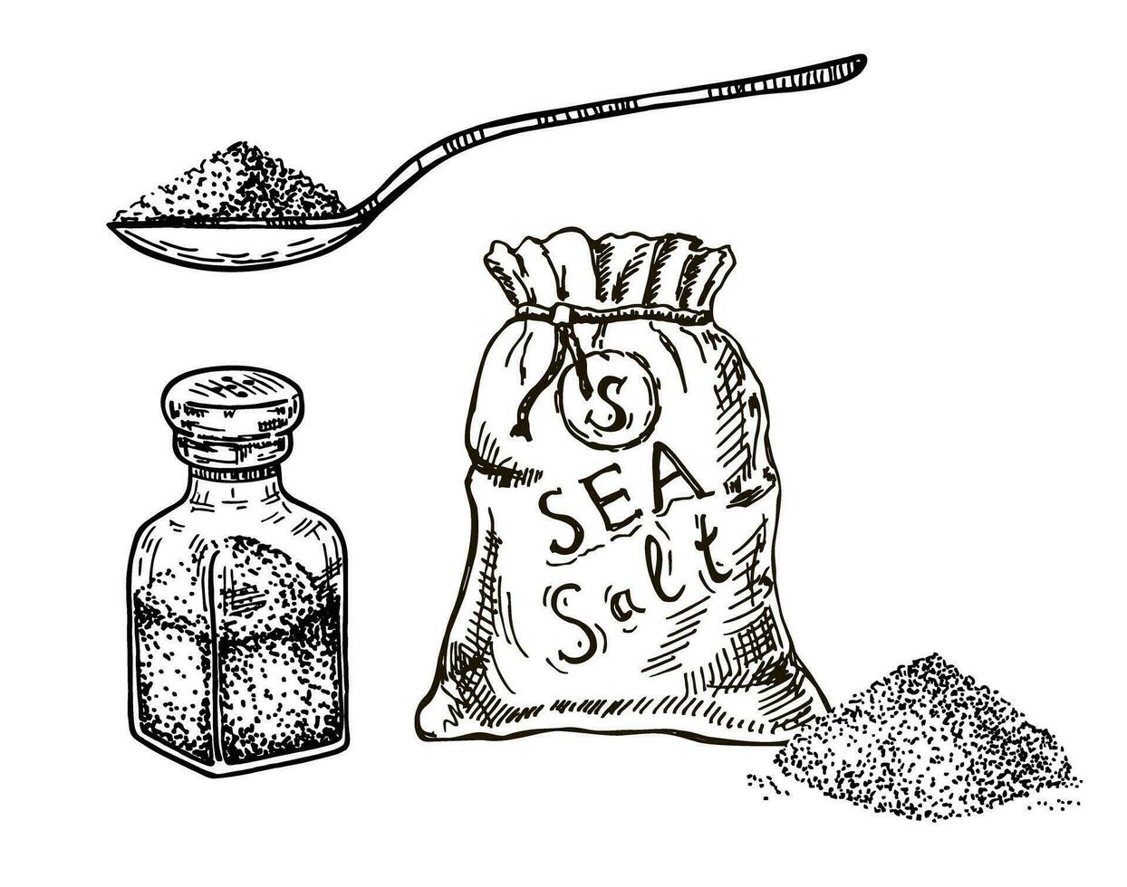 Sketch salt set. Salt in a salt shaker, spoon, bag. Edible food seasoning in glass bottle. Himalayan condiment piles and spoons. Sea sodium mineral. Cooking ingredient. vector