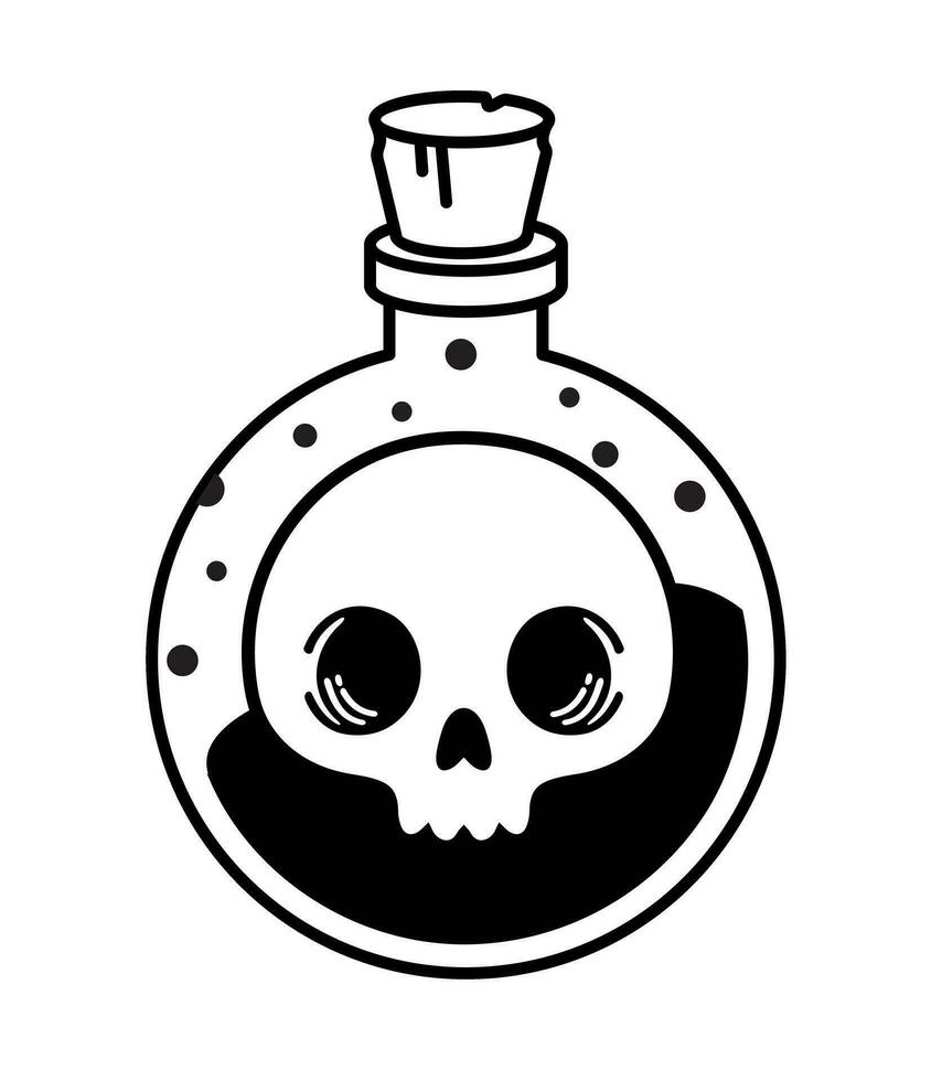 Bottle with a skull. Deadly poison with head bone in simple style on Halloween. Magic poisonous potion in a flask with a skull. Witchcraft witch item. Vector illustration isolated on white.