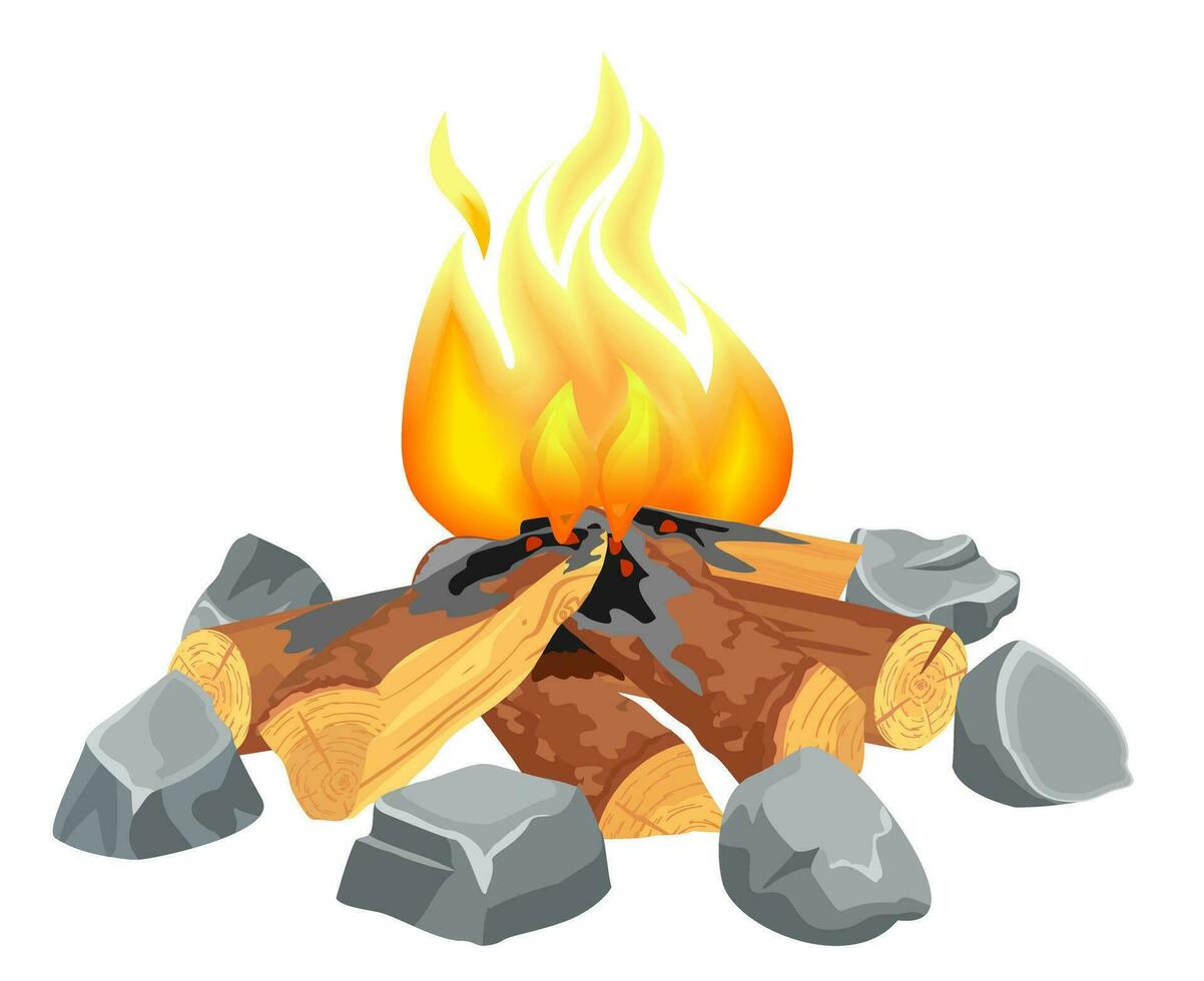 Fire wood and campfire icon isolated on white background for web, print, decoration, bonfire night. Campfire burning woodpile isolated on white background. Bonfire vector