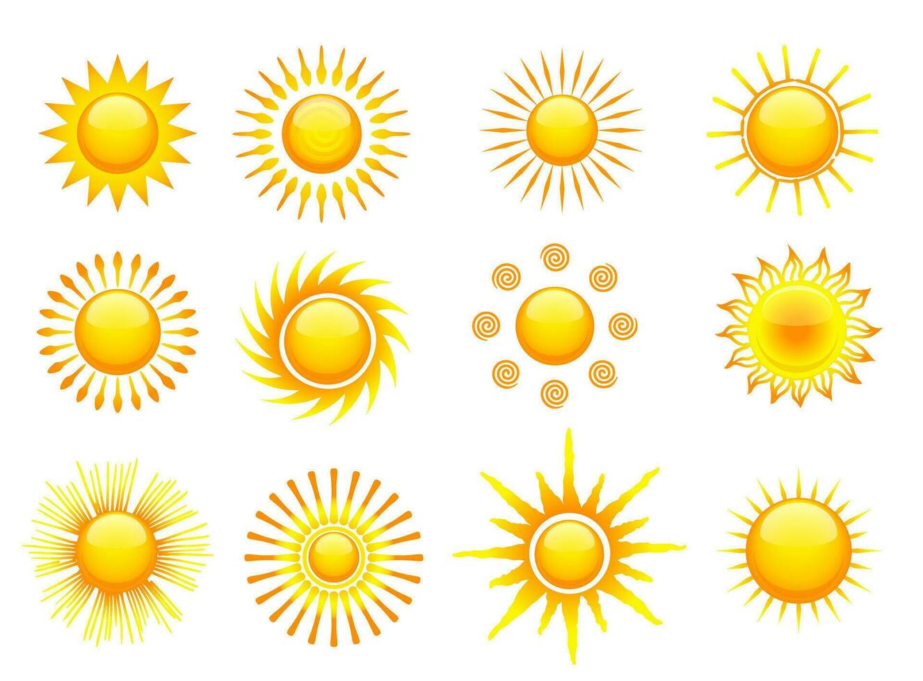 Sun icons vector symbol set. Collection of sun stars for use in as logo or weather icon. Various icons with rays. Vector illustration