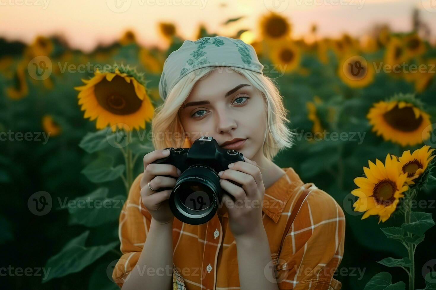 Blond hair girl sunflower camera. Generate Ai photo