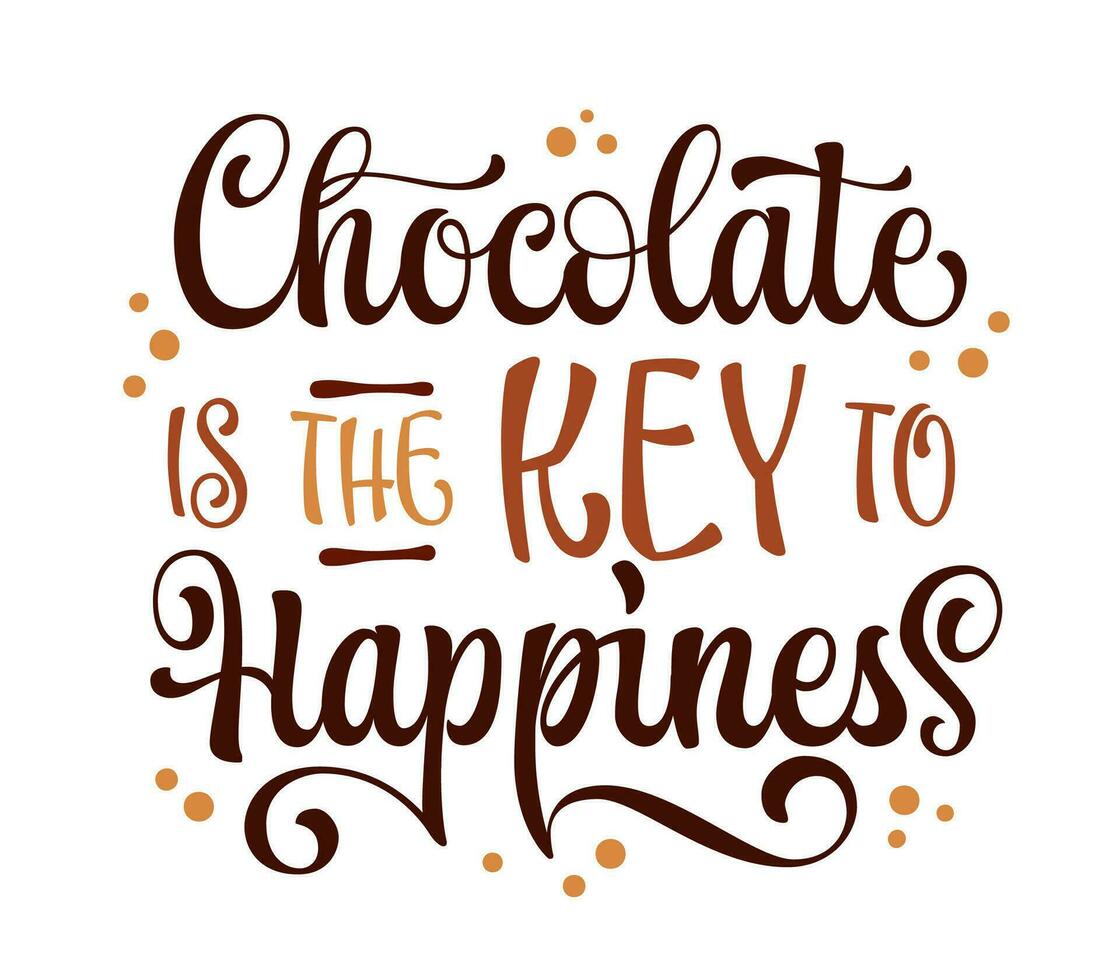 Inspirational modern calligraphy lettering phrase, Chocolate is the key to happiness. Isolated vector typography design element in a chocolate theme. Promotion template quote for web, prints, fashion