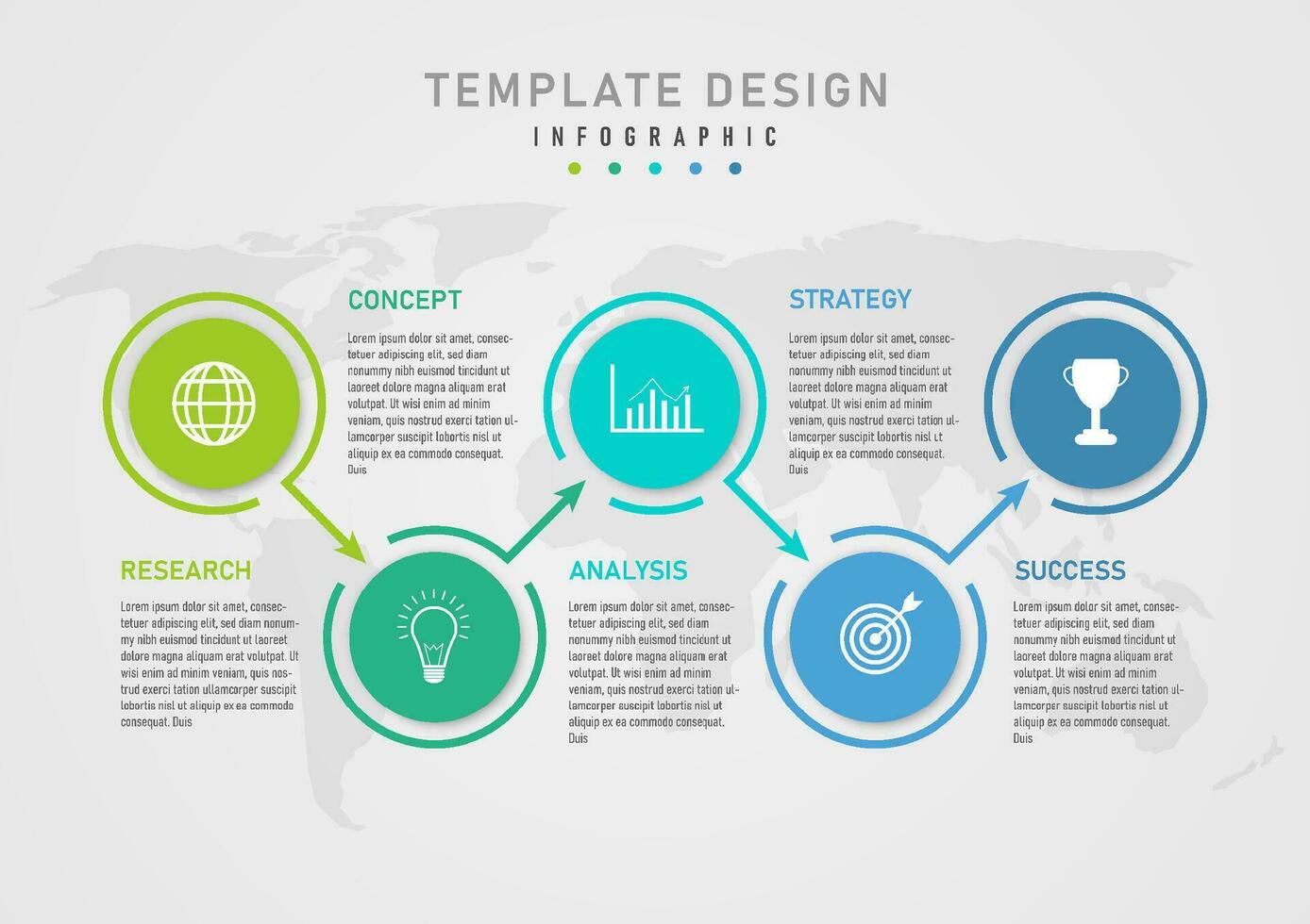 infographic template 5 step business plan multicolored circles with white icons above Circle border with directional arrows The letters are in the middle. Below is a map gray gradient background vector