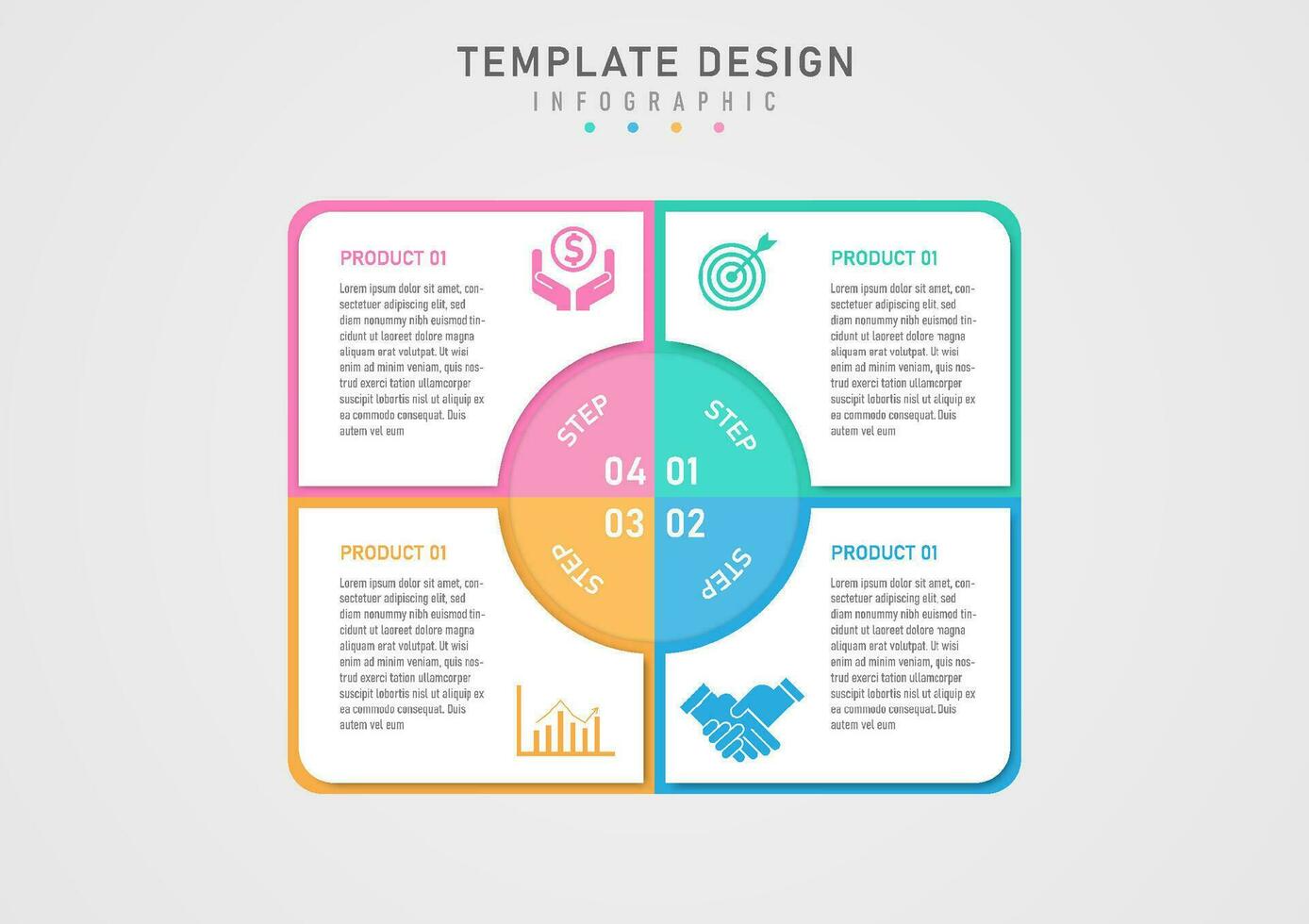 infographic template 4 business steps multi colored squares Letters and icons above on white background, circle in the center, white numbers and letters above. gray gradient background vector