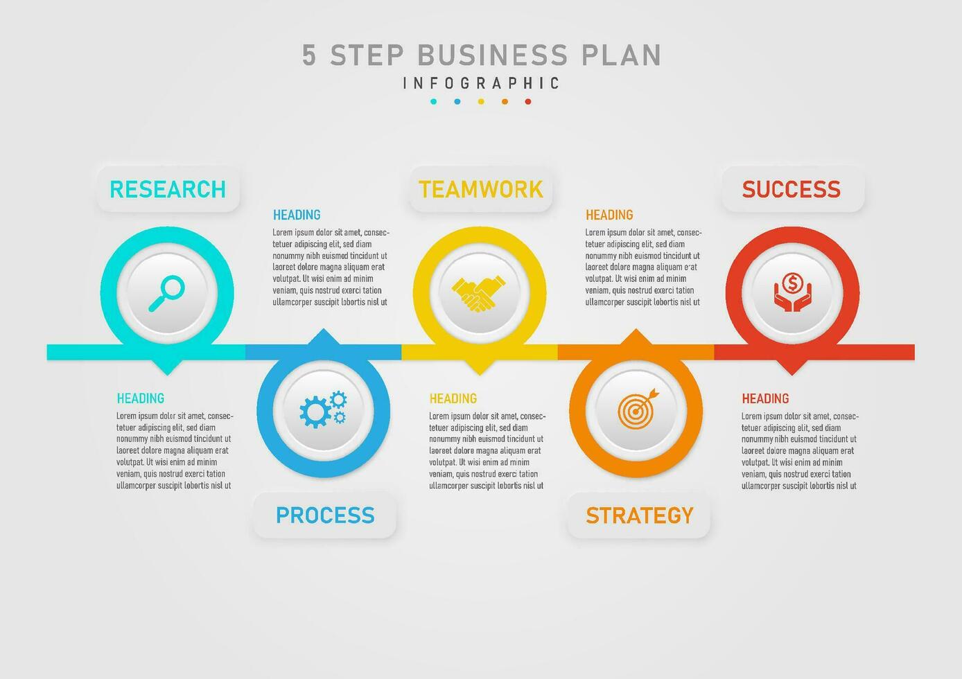 5 step business planning infographic to success multi colored circles concatenated circle button center top icon The upper and lower square buttons have a letter in the middle gray gradient background vector