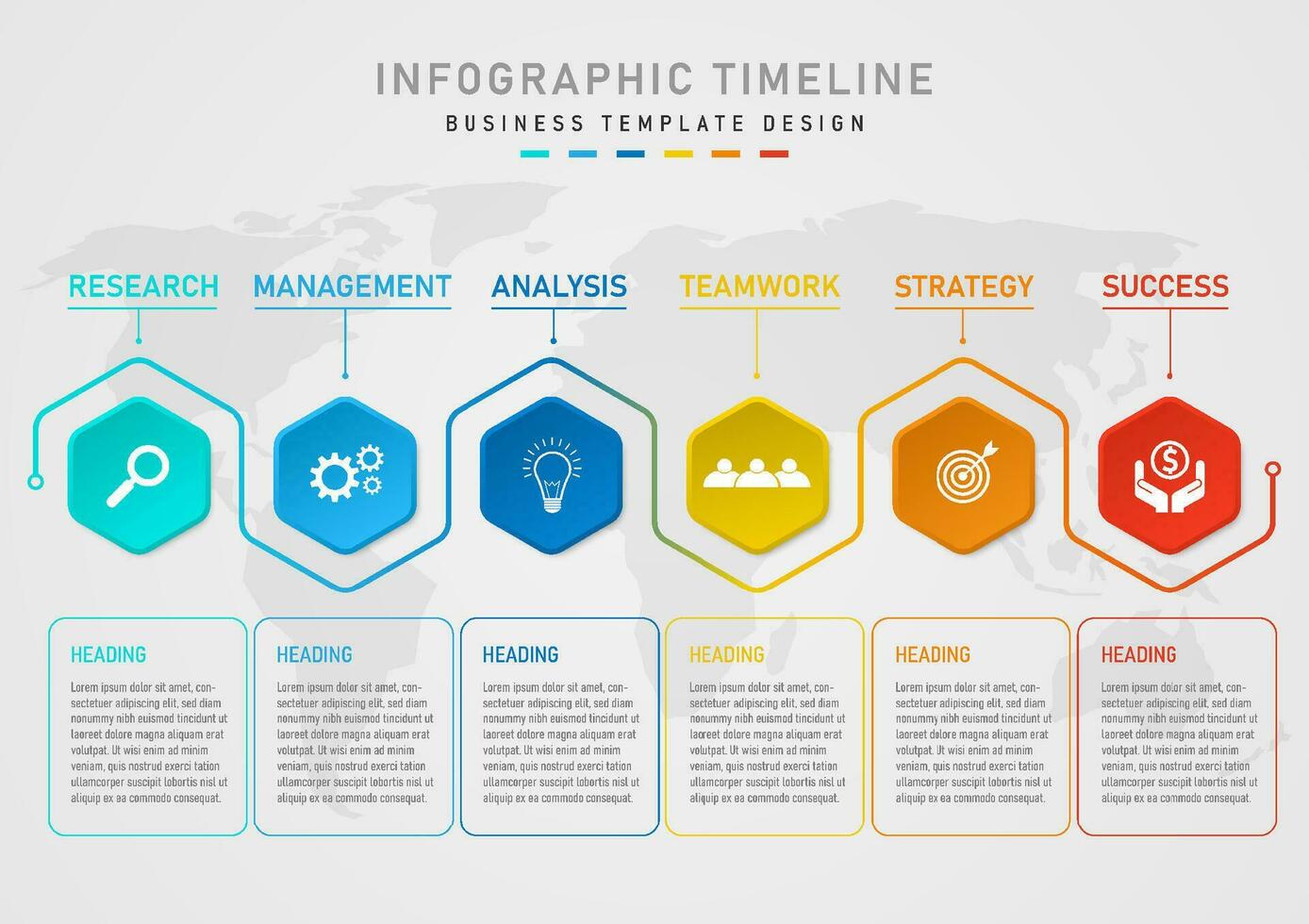 infografía 6 6 negocio planificación proceso para éxito multicolor hexágonos metido siguiente a cada otro. el Superior y inferior exterior contorno íconos tener letras y un mapa abajo. gris degradado antecedentes vector