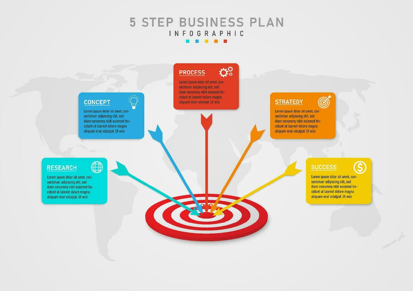 Infographic template 5 steps to business planning Circle target and multi-colored arrows The multi-colored frame at the end of the arrow contains text. and letters in the middle Below is a map. vector