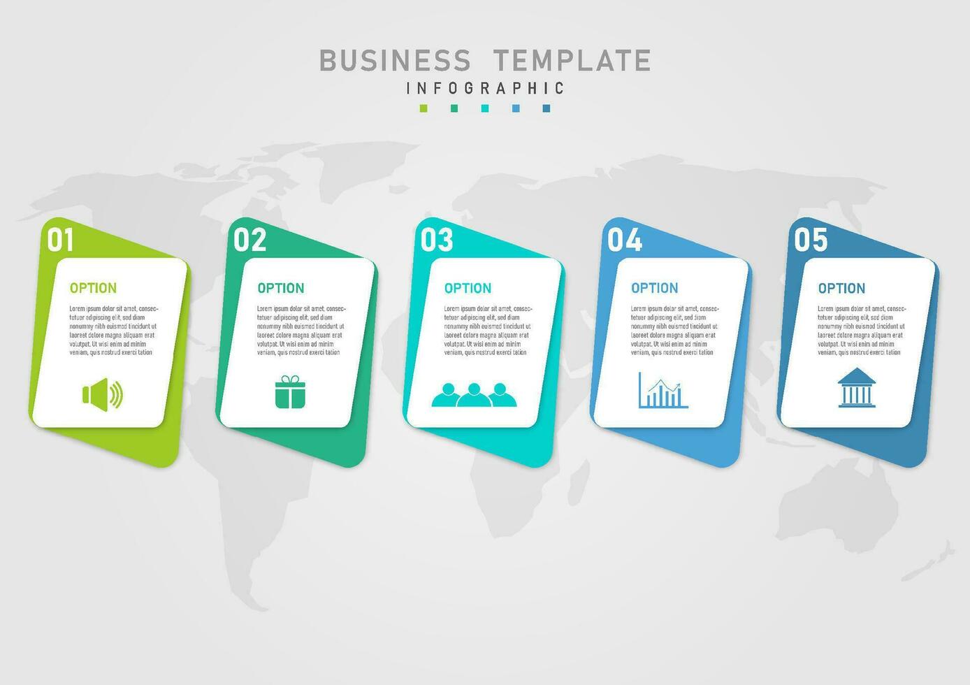 infographic template 5 business options Multi-colored squares with numbers in the corners and white squares above with multi-colored letters and icons. map below gray gradient background vector