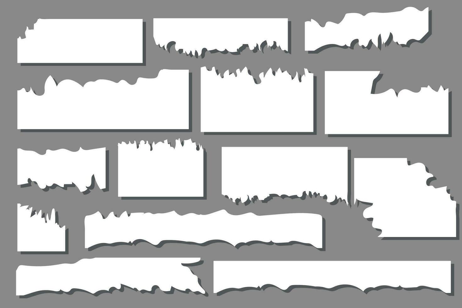 Pieces of torn white note paper different shapes isolated on gray background realistic vector illustration, Notepad torn paper for message note, page or banner and cardboard blank ripped piece strips