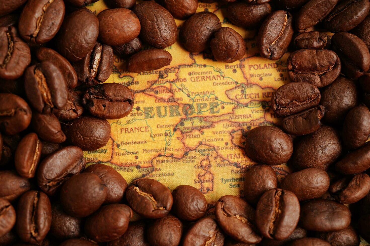 Bangkok, Thailand March 12, 2023 Coffee bean on world map, shopping online for export or import. photo