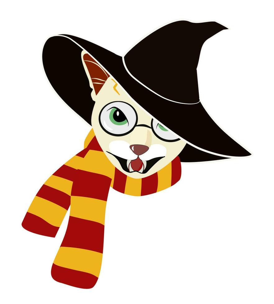 de bruja gato con un de bruja sombrero, bufanda, lentes y un cicatriz en sus frente vector