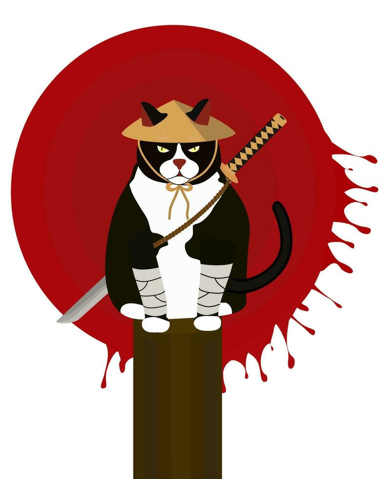 vector illustration graphic of samurai tuxedo cat with blood sun as the background, and katana sword on his back