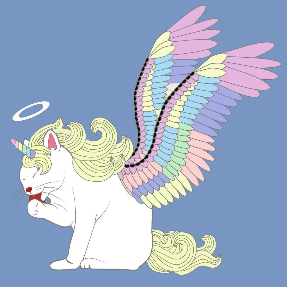vector illustration graphic of white unicorn cat cleaning itself with tongue out, angel character, with colorful wings and horn, also an angel halo