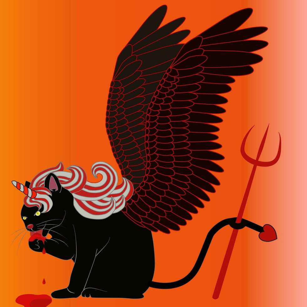vector ilustración gráfico de negro unicornio gato limpieza sí mismo con lengua afuera, diablo personaje con negro alas, tenedor palo y sangre