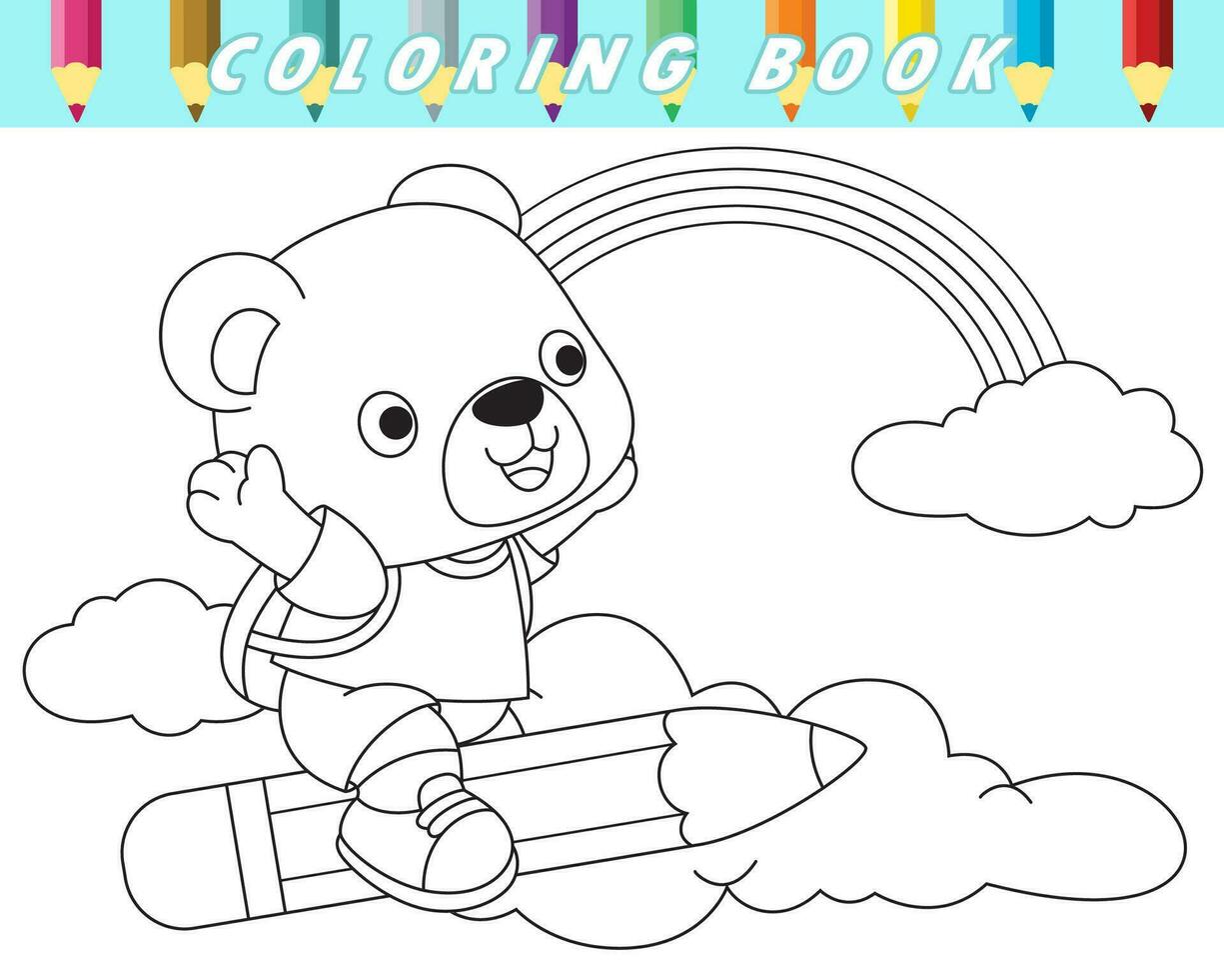 colorante libro para niños, linda oso volador en cielo con grande lápiz. vector dibujos animados ilustración