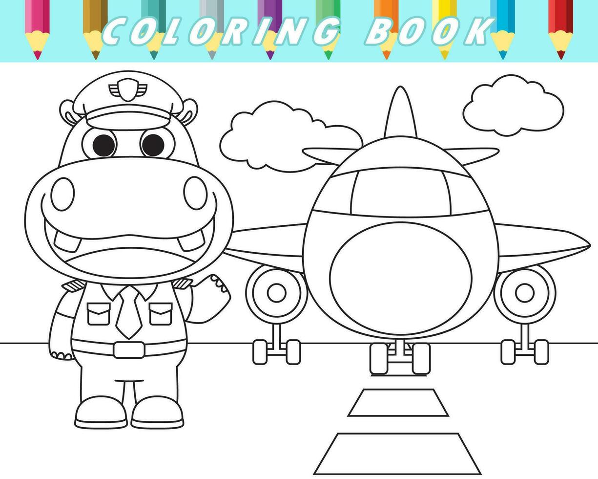 Coloring book of cute hippo in pilot uniform with airplane in airport. Vector cartoon illustration