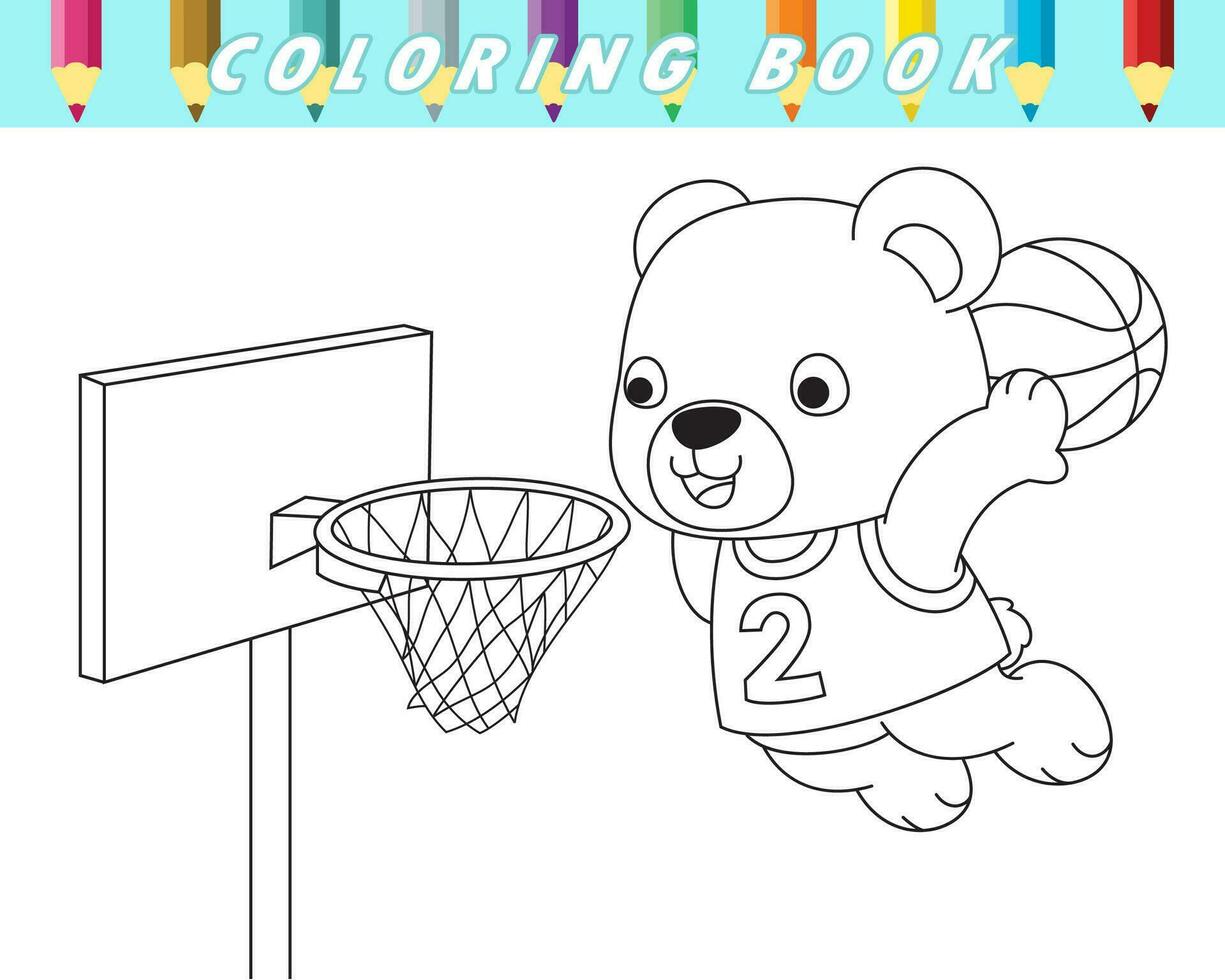 colorante libro de linda oso jugando baloncesto. vector dibujos animados ilustración