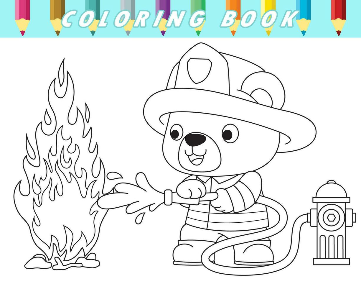 Coloring book of cute teddy bear in fireman costume extinguish flame with fire hose. Vector cartoon illustration